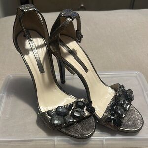 Elegant Pewter Strappy Heels with Gem Accents